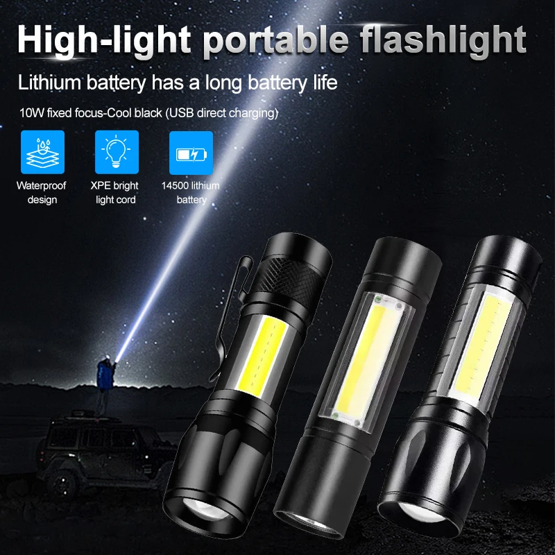 USB Rechargeable Mini LED Flashlight Zoomable Small Torch Camping Emergency Flashlights Light 3 Mode With Side Light