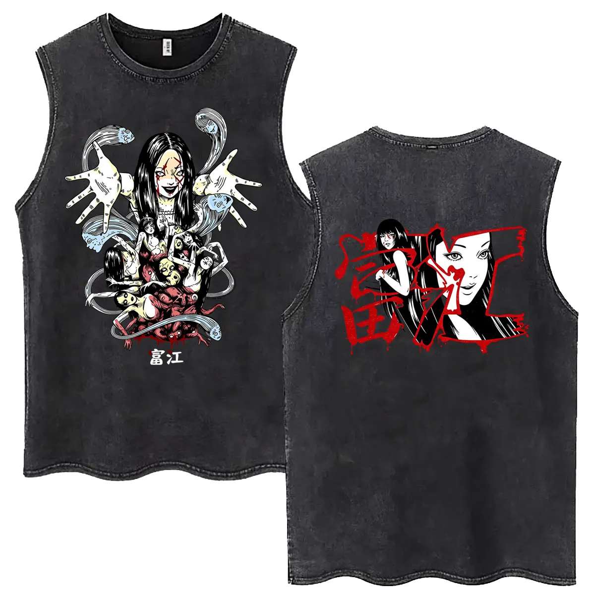Anime Tomie Junji Ito Vintage Washed Tank Tops Men Women Horror Manga Oversized Sleeveless Vest T-shirt Y2k Aesthetic Streetwear
