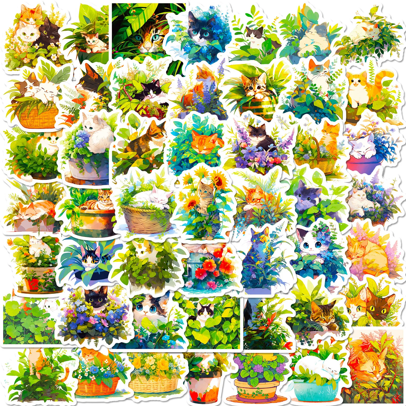 10/30/50PCS Cute Cat Plant Stickers Aesthetic DIY Scrapbooking Refrigerator Skateboard Luggage Laptop Waterproof Sticker Toy