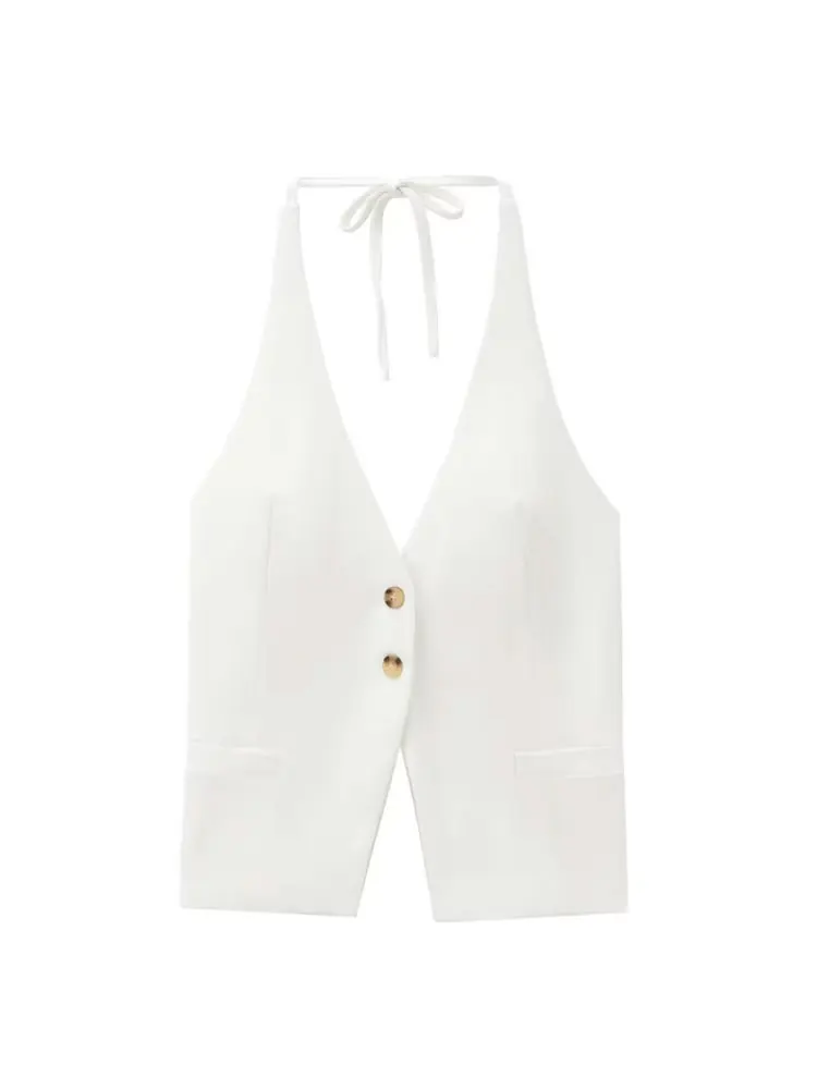 Front Button Tank Tops for Women, Tied Halter Neck, Backless, Female Camis, Sexy Fashion