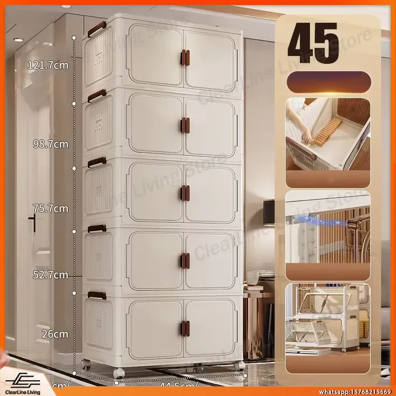 5-Tier Stackable Storage Cabinet with Doors Rolling Wheels Dustproof Waterproof Home Organizer Living Room Storage Unit