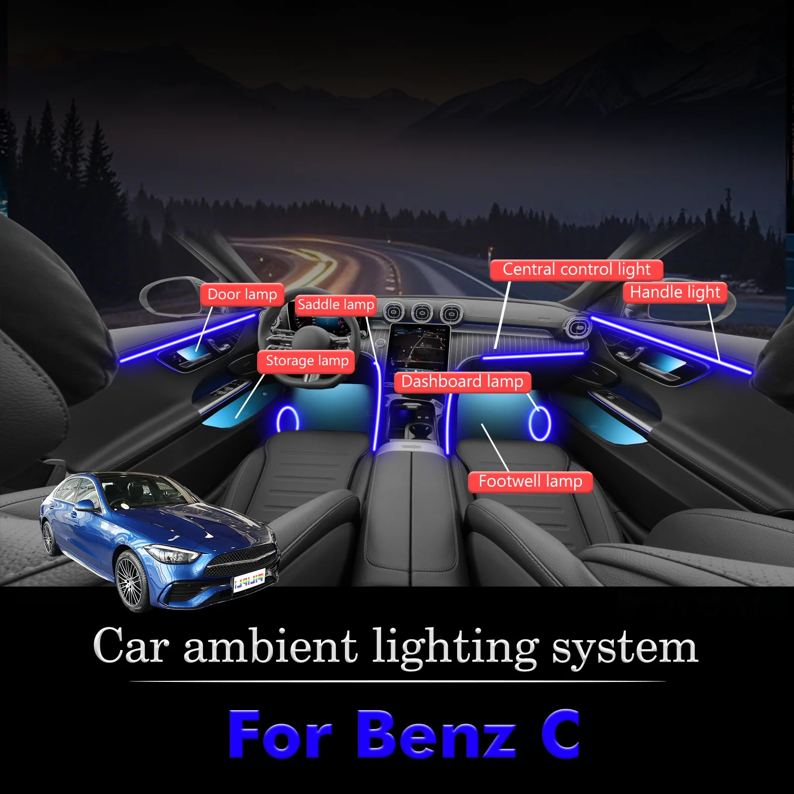 

For BenZ C-Class Smart Remote Control RGB 64 Colors LED Car Interior Ambient Light Energy Saving Efficient Lamp Kit