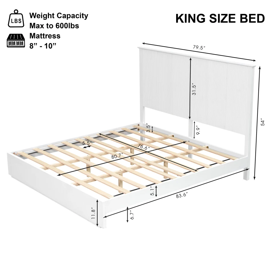 Stylish King Size Bed Frame - White Solid Wood King Bed, 600lbs Weight Limit, Compatible with 8 - 10