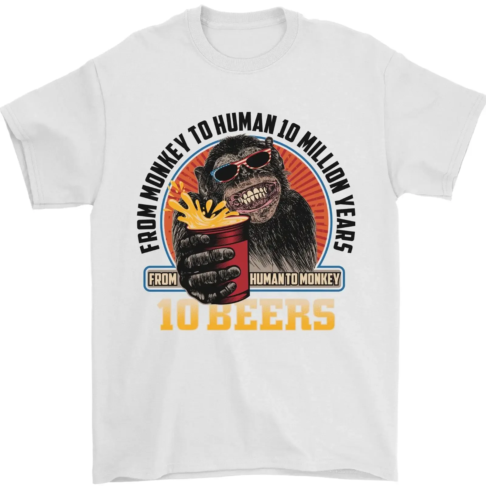 Camiseta de hombre con diseño de hombre mono con 10 cervezas, divertida, con temática de alcohol, 100% algodón, vintage, lavada, suave, elegante y ligeramente desgastada.
