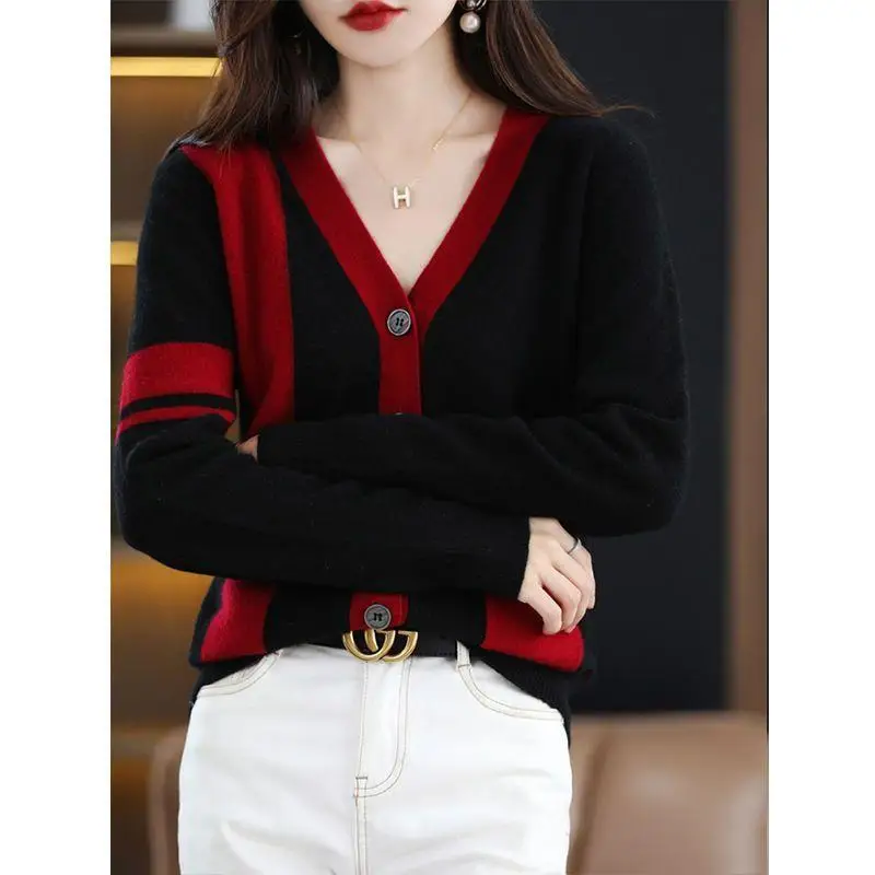 2024 Autumn Winter New Knitting Cardigan Ladies Sweater Coat Korean Loose V-neck Patchwork Top Tee Women Clothing All-match Tops