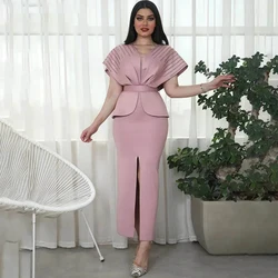 Simple Jersey Customized Evening Dress Mermaid V-Neck Short Sleeves Homecoming Dresses Luxury Beading Belt Celebrity Gowns
