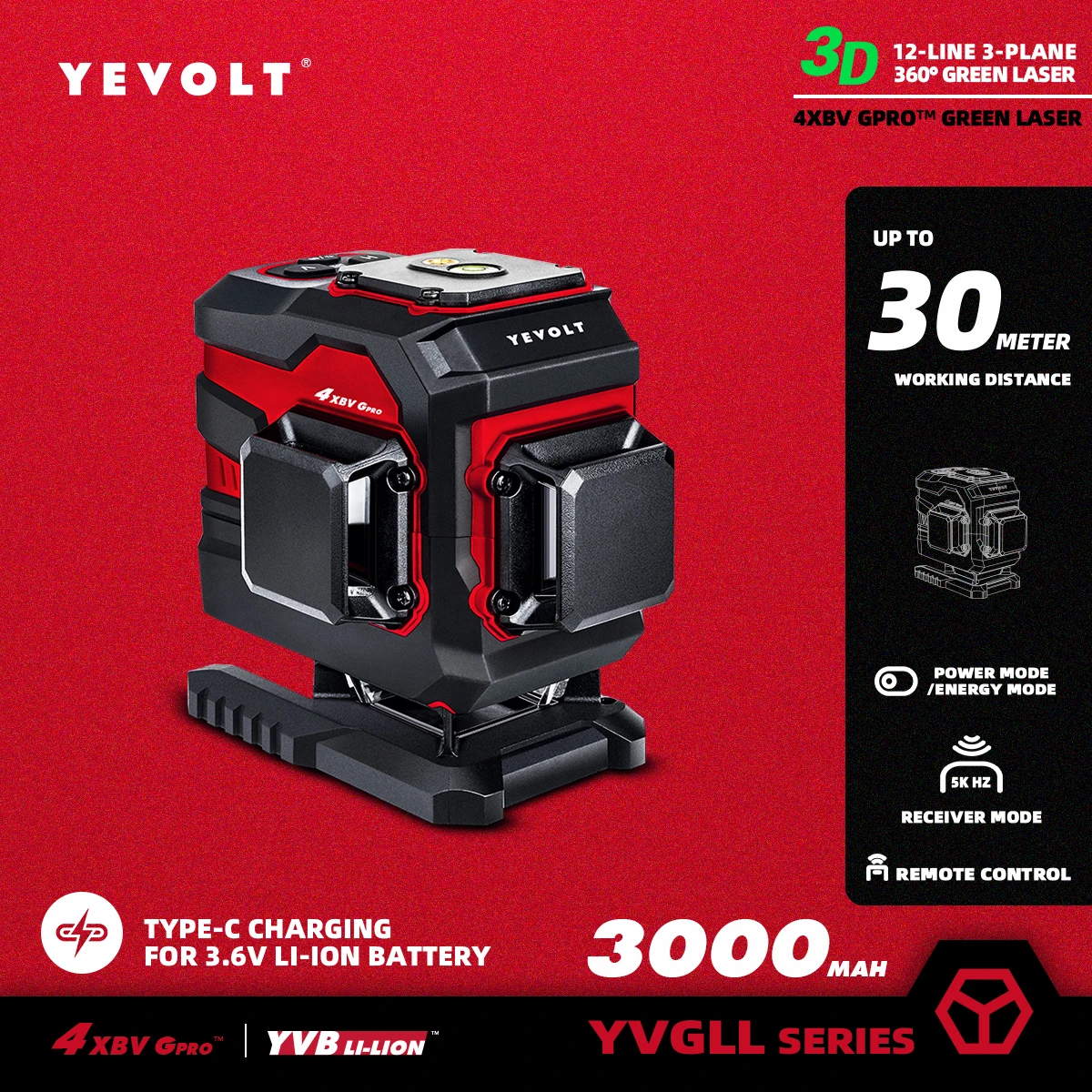 

YEVOLT YVGLL4XS12T Series Green Laser Level 3-Plane 12-Line Self-leveling 360 3D Horizontal & Vertical 3.6V 3Ah Measuring Tools