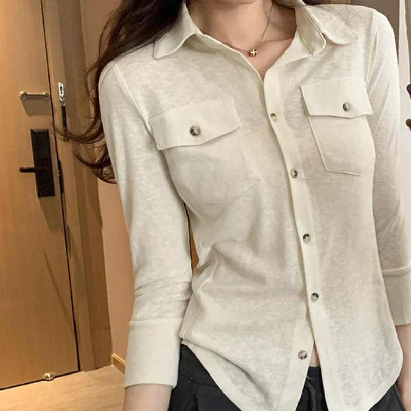

Casual Workwear, Pocket Collar, Long Sleeved Shirt, Women's 2025 Spring And Autumn New Polo Shirt Top