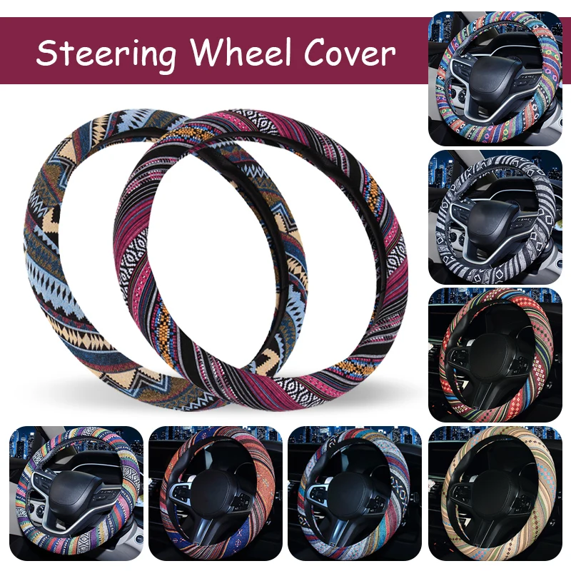 Image of Ethnische Stil Leinen Auto Lenkrad Schutzhülle Atmungsaktive Anti-skid Abdeckung Boho Stil Mode Auto Zubehör Universal