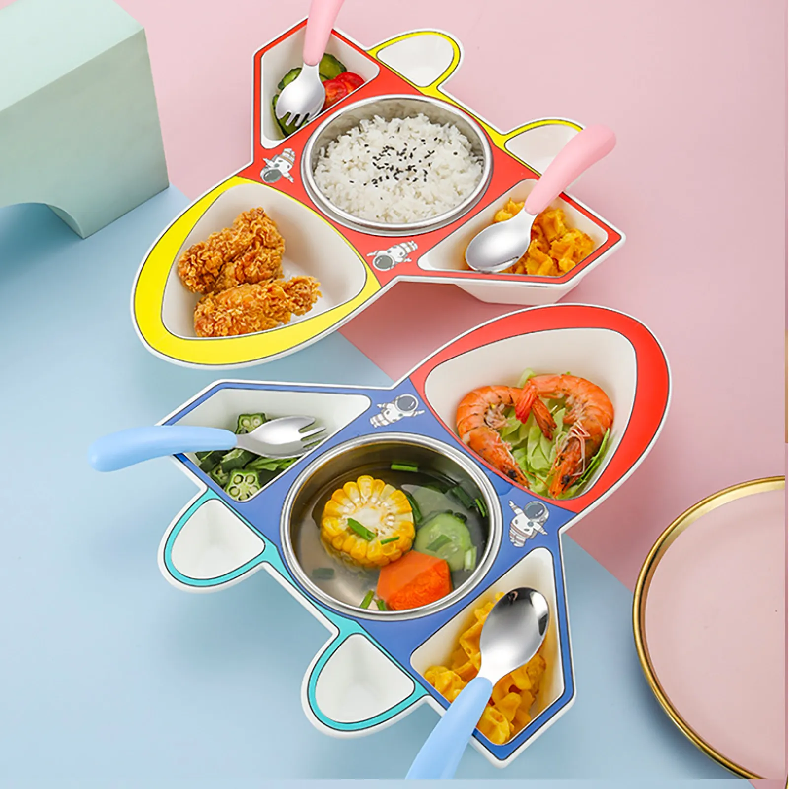 1Set Split Design Kids Dinner Plate Airplane Shaped Divided Food Plate for Toddlers with Matching Utensils Colorful Easy Clean