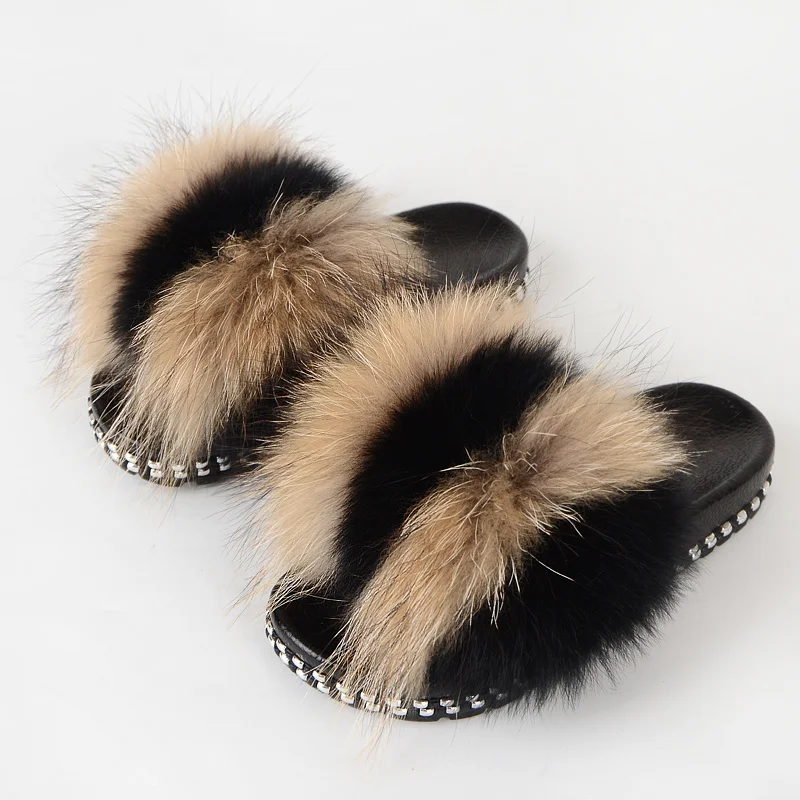 Fur Slides For Women Furry Slippers House Summer Fox Fur Sandals Ladies Luxury Fashion Female Home Shoes With Fur New Arrival