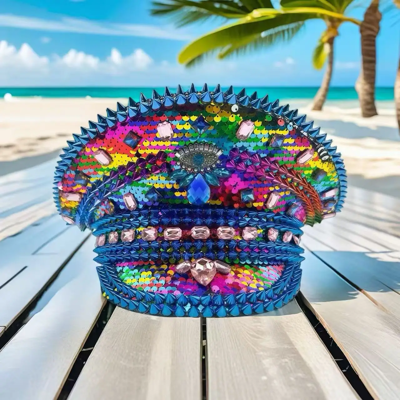 หมวกแฟนซีงานเทศกาลดนตรีหงหลวน หมวกกัปตันประดับเพชรสำหรับงานคาร์นิวัล ผู้หญิง คอสเพลย์ เครื่องประดับสำหรับผู้หญิง