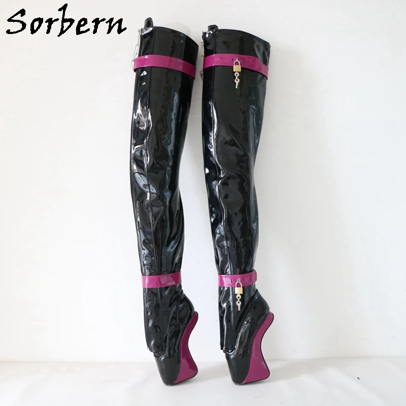 Sorbern Unisex Crosss Dressing Ballet Boots Women Crotch Thigh High Fetish Shoes With Straps Locks Heelless Bdsm Long Boot