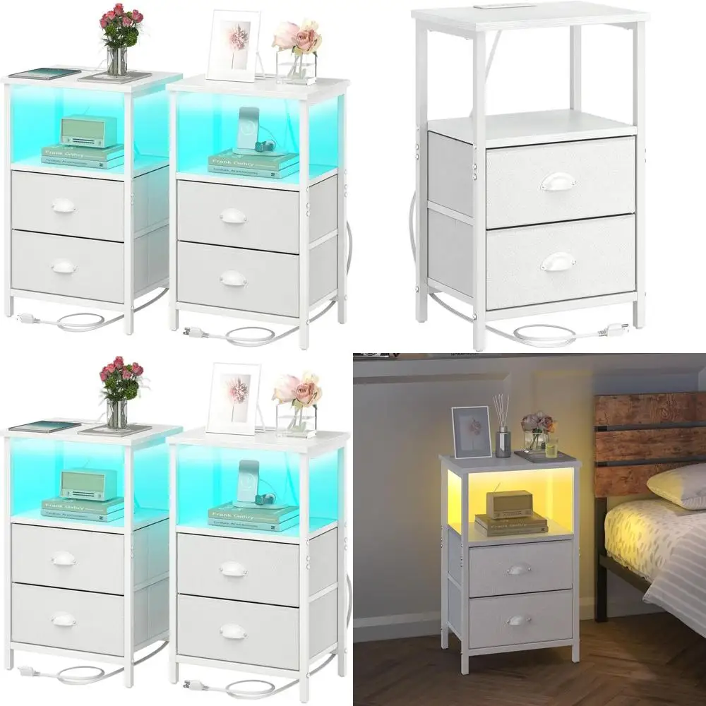 

Белый комплект из 2-х прикроватных тумбочек со светодиодной подсветкой, зарядной станцией и тканевыми ящиками для спальни