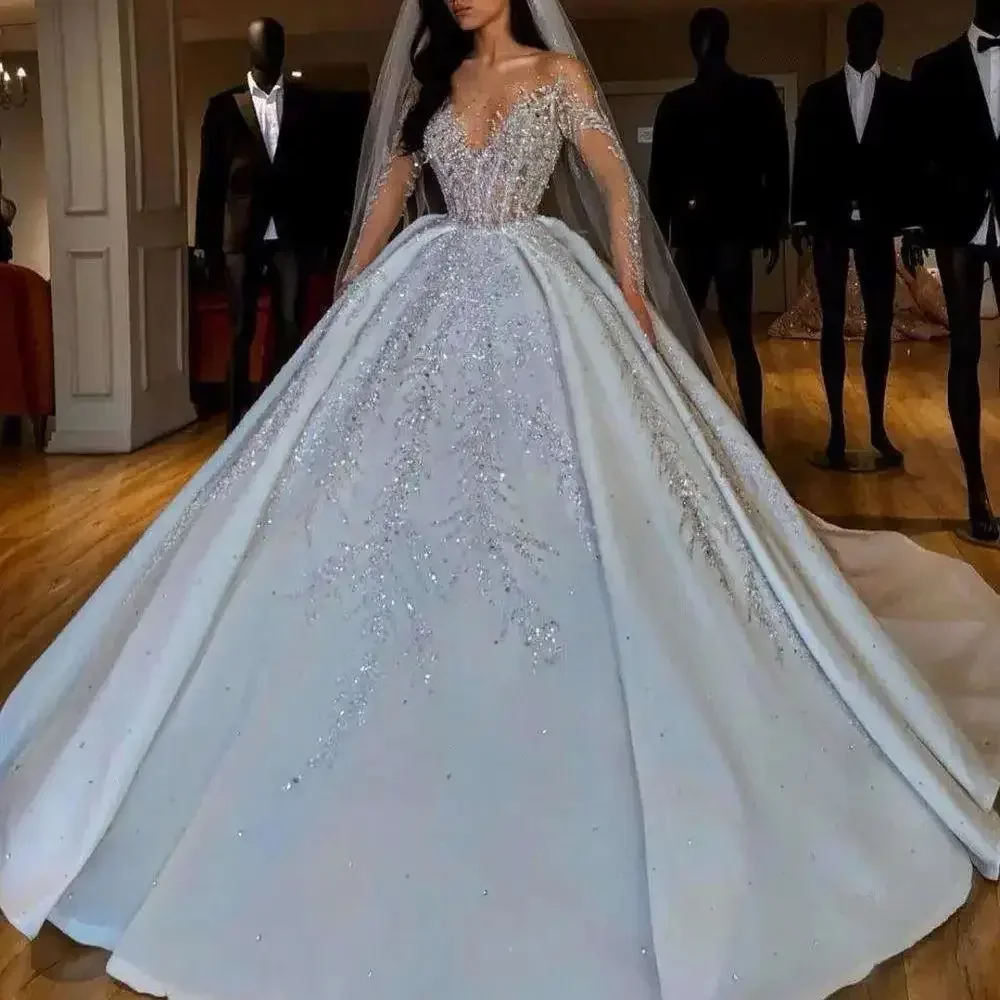 Customized Luxury Satin Ball Gown Wedding Dress Sheer Neck Long Sleeves Stones Beaded Crystal Lace Applique Satin Princess Bride