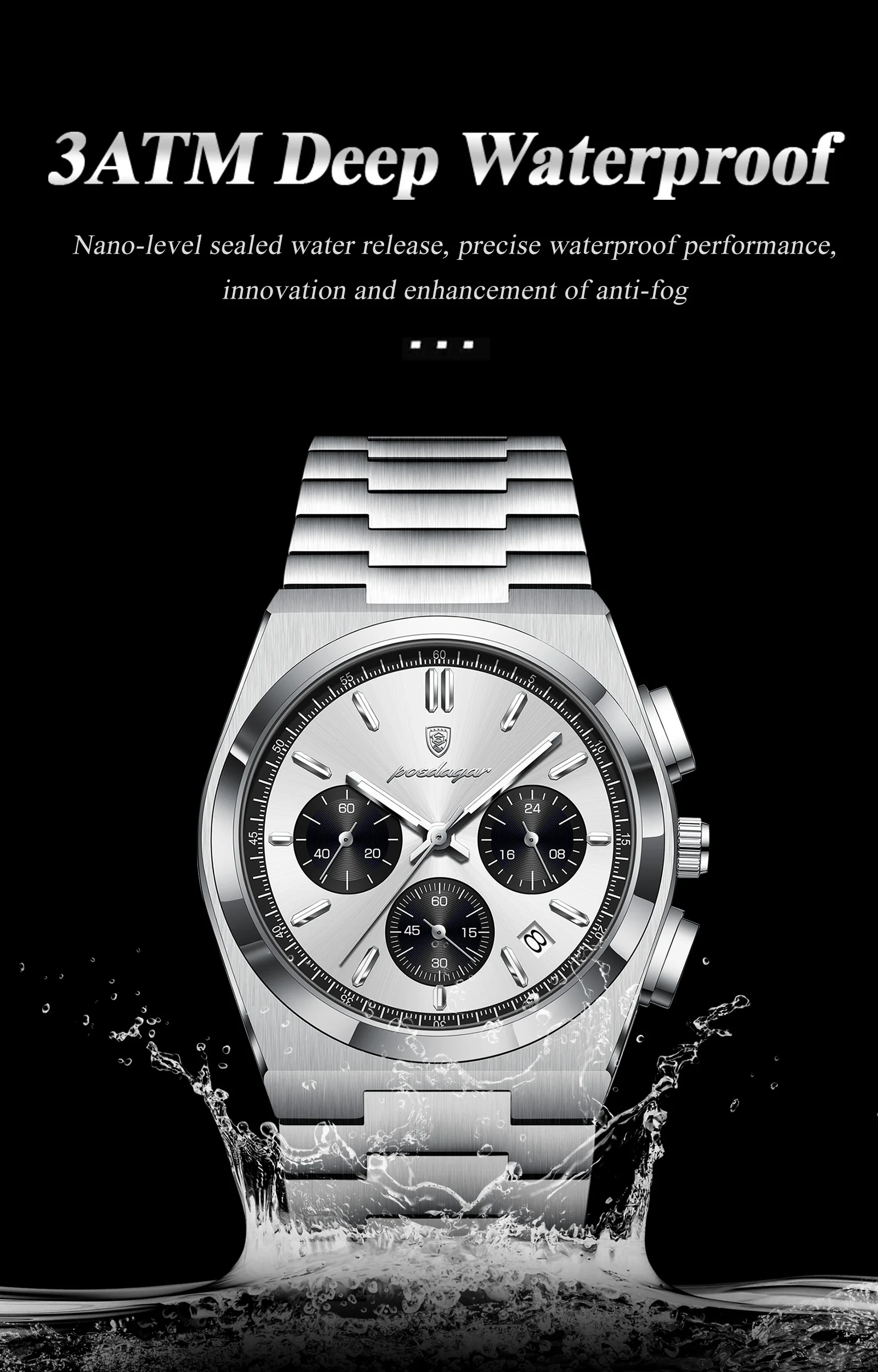 POEDAGAR Top Business Herrenuhr Chronograph Datum Edelstahl Klassische Männeruhr Wasserdicht Leuchtend Quarzuhren für Herren – Detail 12
