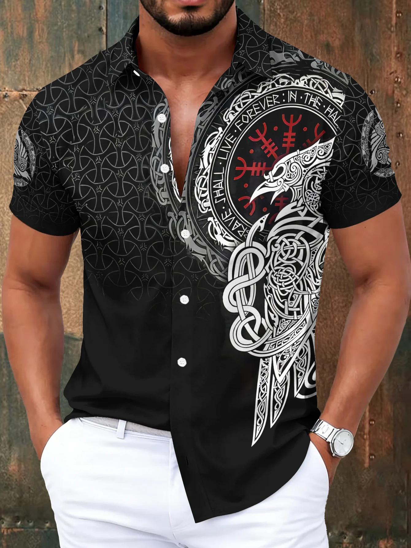 Men Black Viking Raven Rune Celtic Knot Print Gothic Street Short Sleeve Shirt