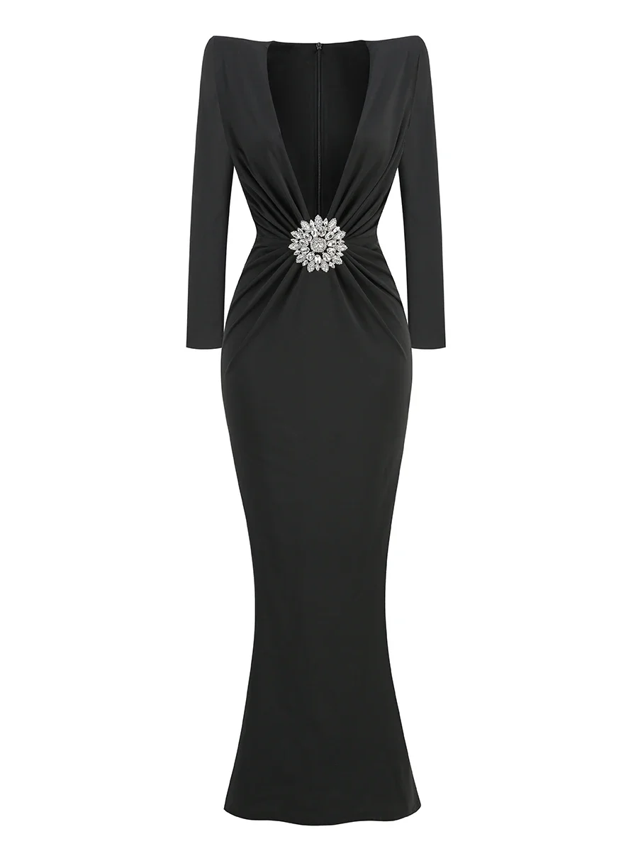 Elegant Black Party Dresses for Ladies Long Sleeve Deep V Neck Diamonds Pearl Buckle Pleated Maxi Long Evening Party Gowns