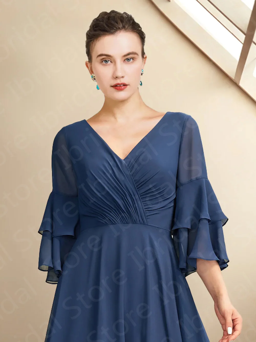 On Sale Simple Dark Blue Mother of the Bride Dresses Chiffon V Neckline   3/4 Sleeves Wedding Guest Gowns 2023