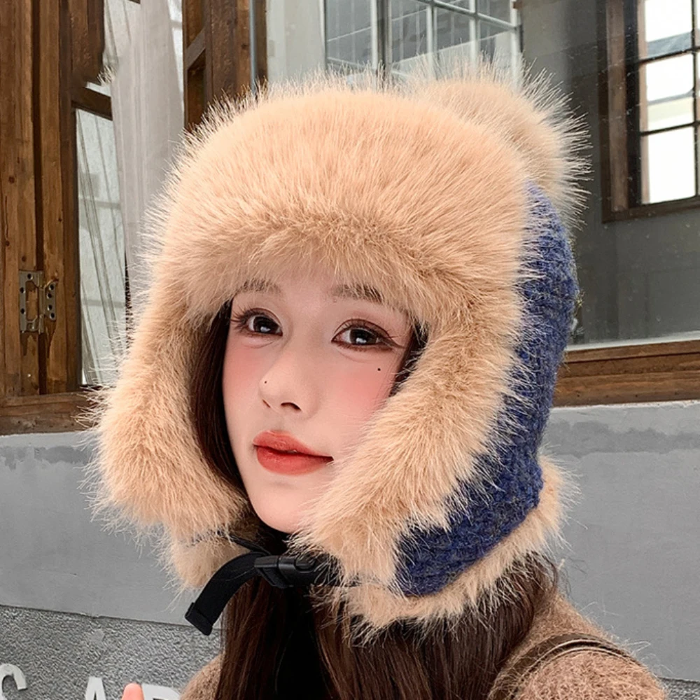 Gorro ruso HT4915 Ushanka, gorro de piel grueso y esponjoso para mujer, gorro con orejeras para esquí y nieve, gorro tejido para mujer, gorros, gorros de bombardero