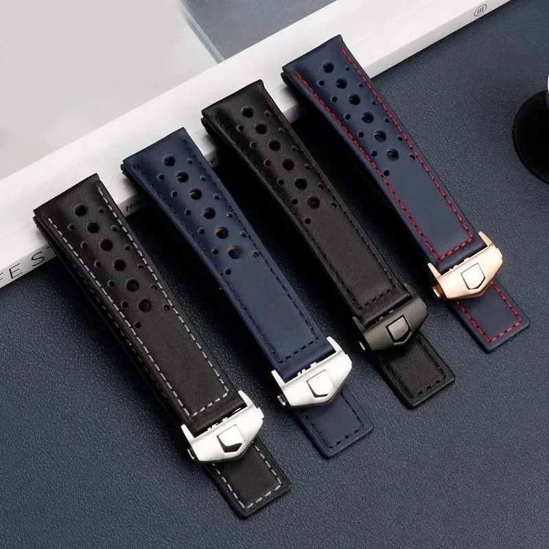 

22mm For TAG For Heuer MONACO CARRERA CAW211R/P Leather Watchband Breathable Fold Buckle lychee print cowhide Strap MAN Bracelet