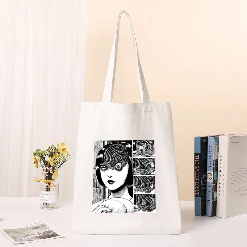 Women Canvas Handbag Japan Manga Junji Ito Cartoon Print Shopping Bags Reusable Shoulder Bag Fashion Girls Casual Tote Bag