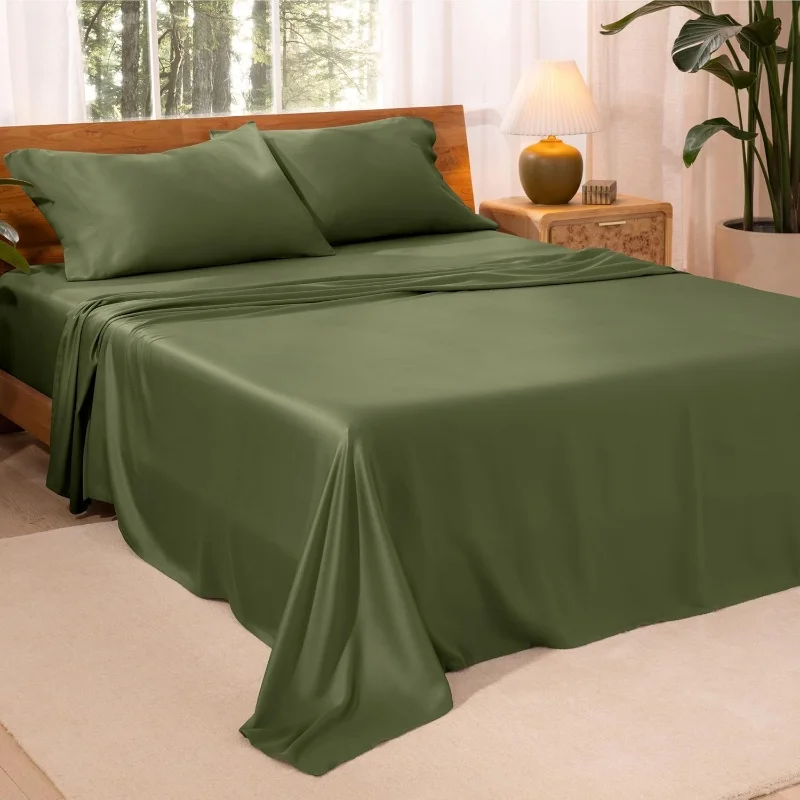 

Olive Green Sheet+Pillowcase Set Ultra Breathable Fitted Or Flat Sheet Set Lyocell Moisture Wrinkle Hot Sleeper Drop Shipping
