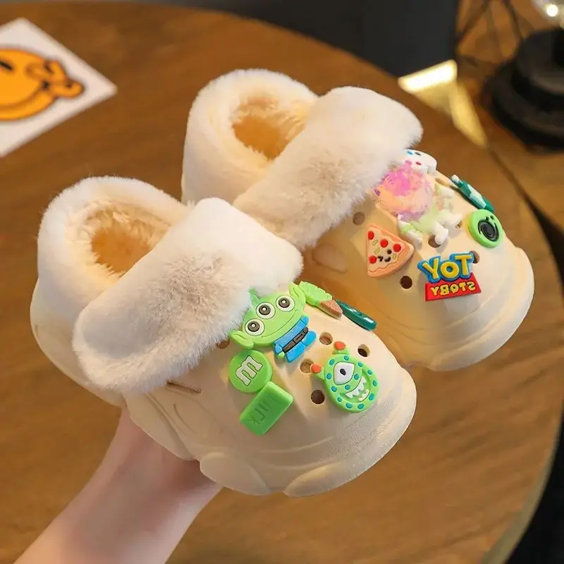 Kids Package Heel Cotton Slippers Cute Cartoon Children Warmly Shoes Waterproof Soft Sole Non-slip Girls Boys Baby Home Footwear