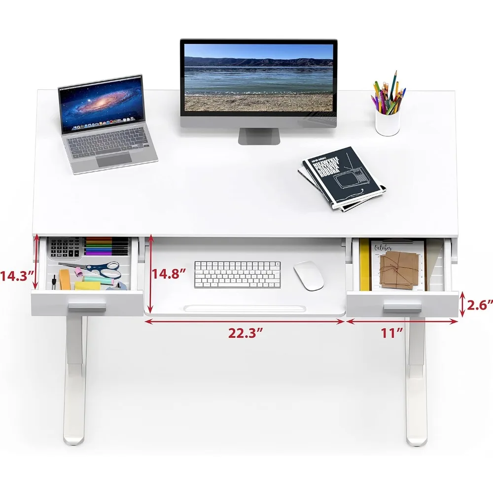 48-Inch Electric Height Adjustable Desk with Keyboard Tray and Two Drawers