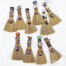Natural Amethyst Crystal Love Heart Magic Broom Gem Crafts Home Decoration Reiki Healing Witch Broomstick Christmas Gift
