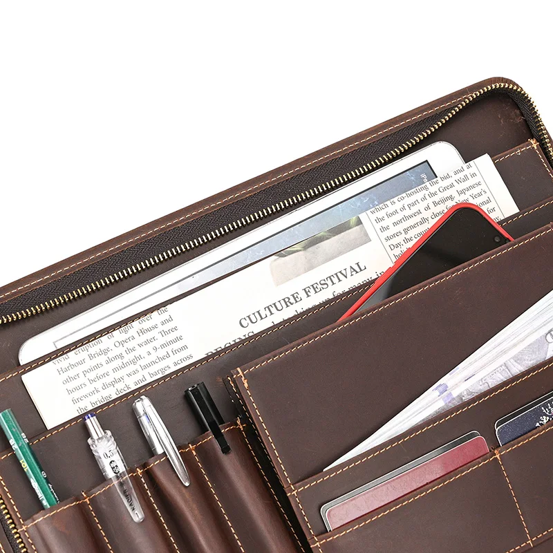 Mens Clutch Bag For A4 files Genuine leather zip around Man Document bag iPad Case Cowhide Man Business Handbag Phone Bag