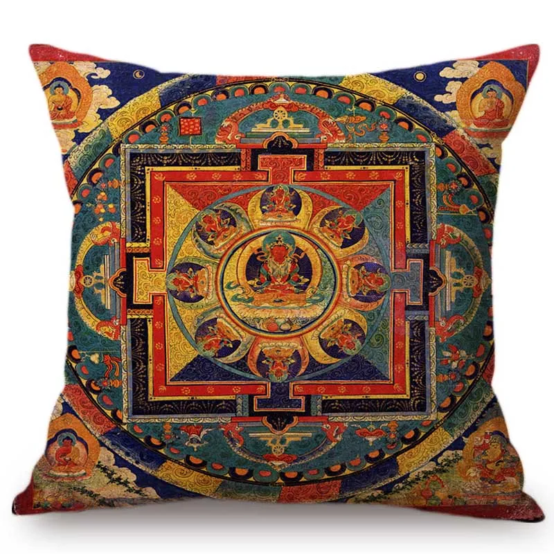 Vintage Mandala Nepal Tebitan Buddhism Pattern Worship Home Decorative Throw Pillow Case Cotton Linen Buddhist Art Cushion Cover