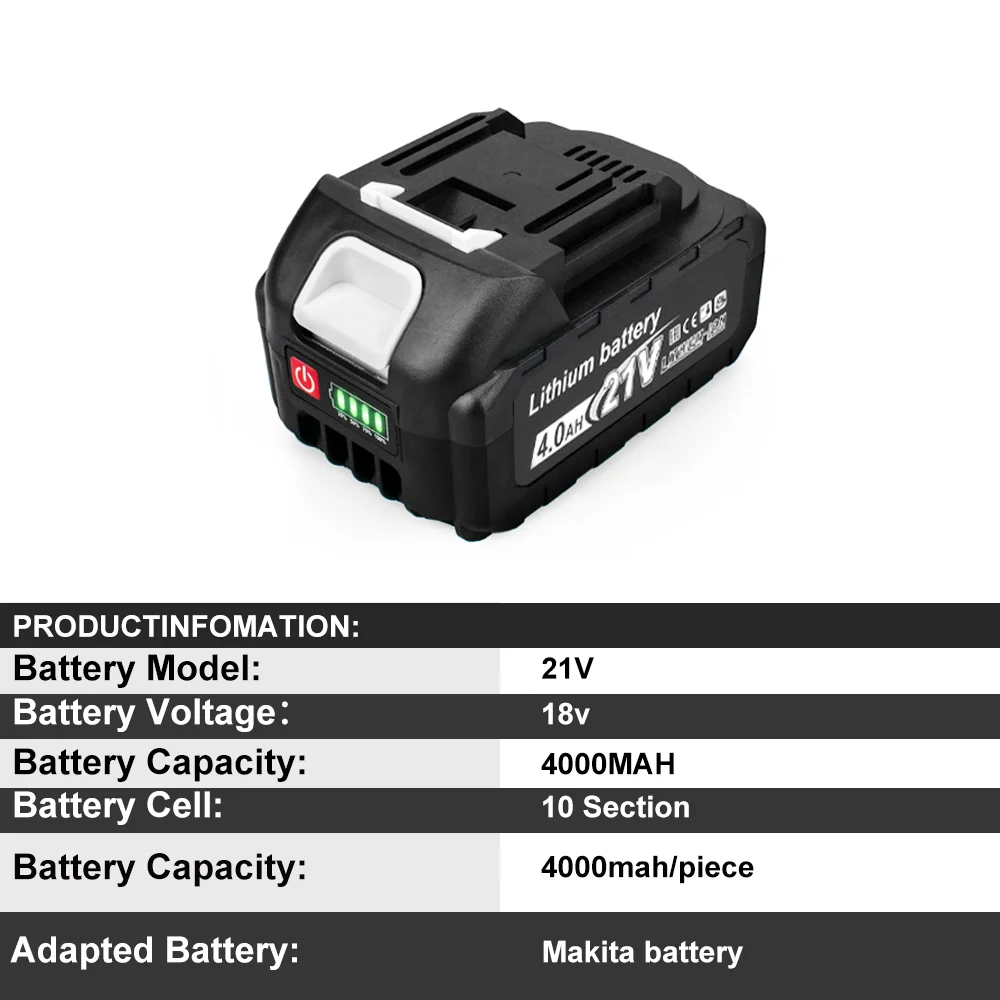 4.0Ah Rechargeable LithiumIon Battery for Makita Lithium Battery Capacity Indicator For 21V 18V Electric Wrench Drill Power Tool