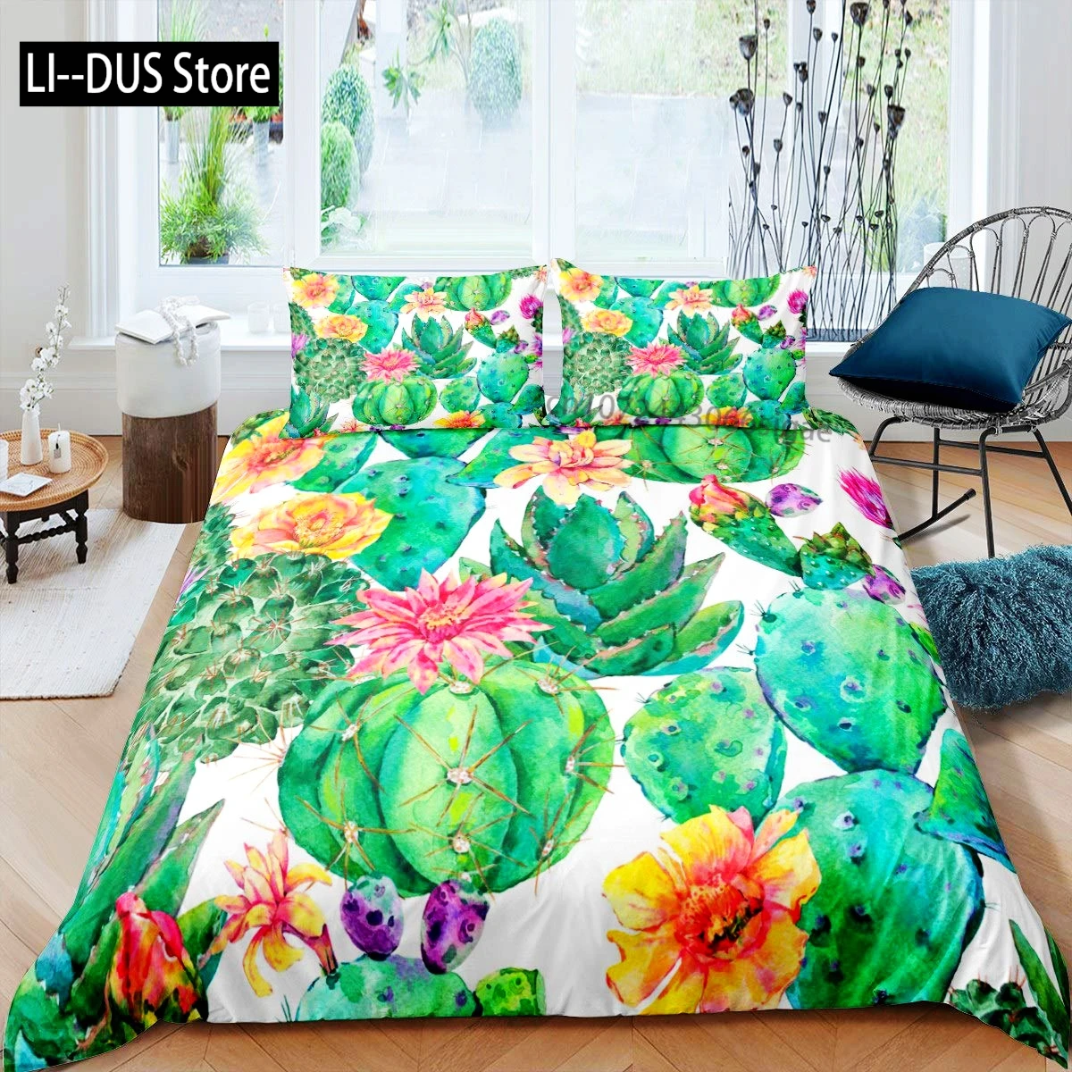 

Different Succulent Plants Duvet Cover Set, Decorative 3 Pieces Bedding Set with 2 Pillow Shams, Queen Full Size, Multicolor
