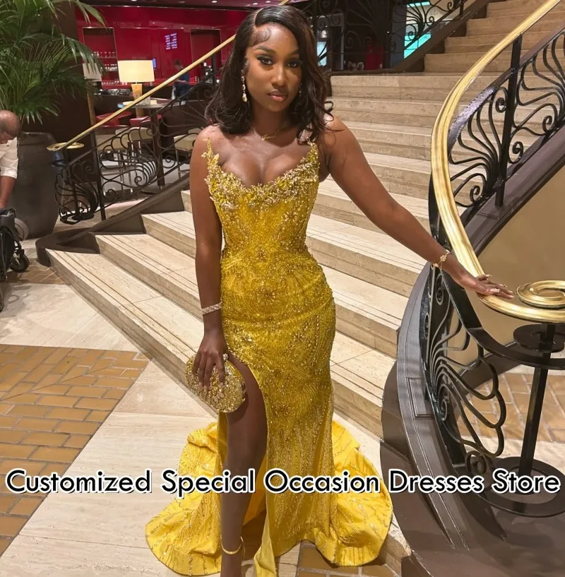Robe de soirée scintillante à paillettes, style sirène, fendue, Sexy, sans bretelles, perlée, robes de soirée de mariage pour femmes, personnalisées, 2026