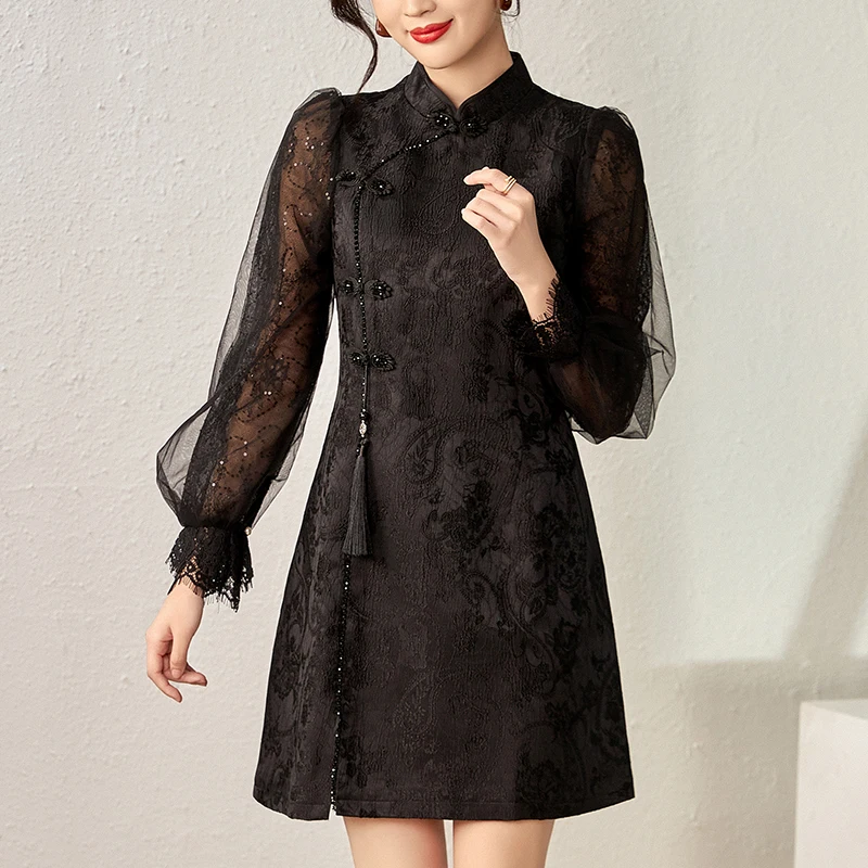 

Chinese Style Elegant Vintage Dresses For Women Mandarin Collar Lace Mesh Long Sleeve Patchwork Women's Jacquard Black Dress