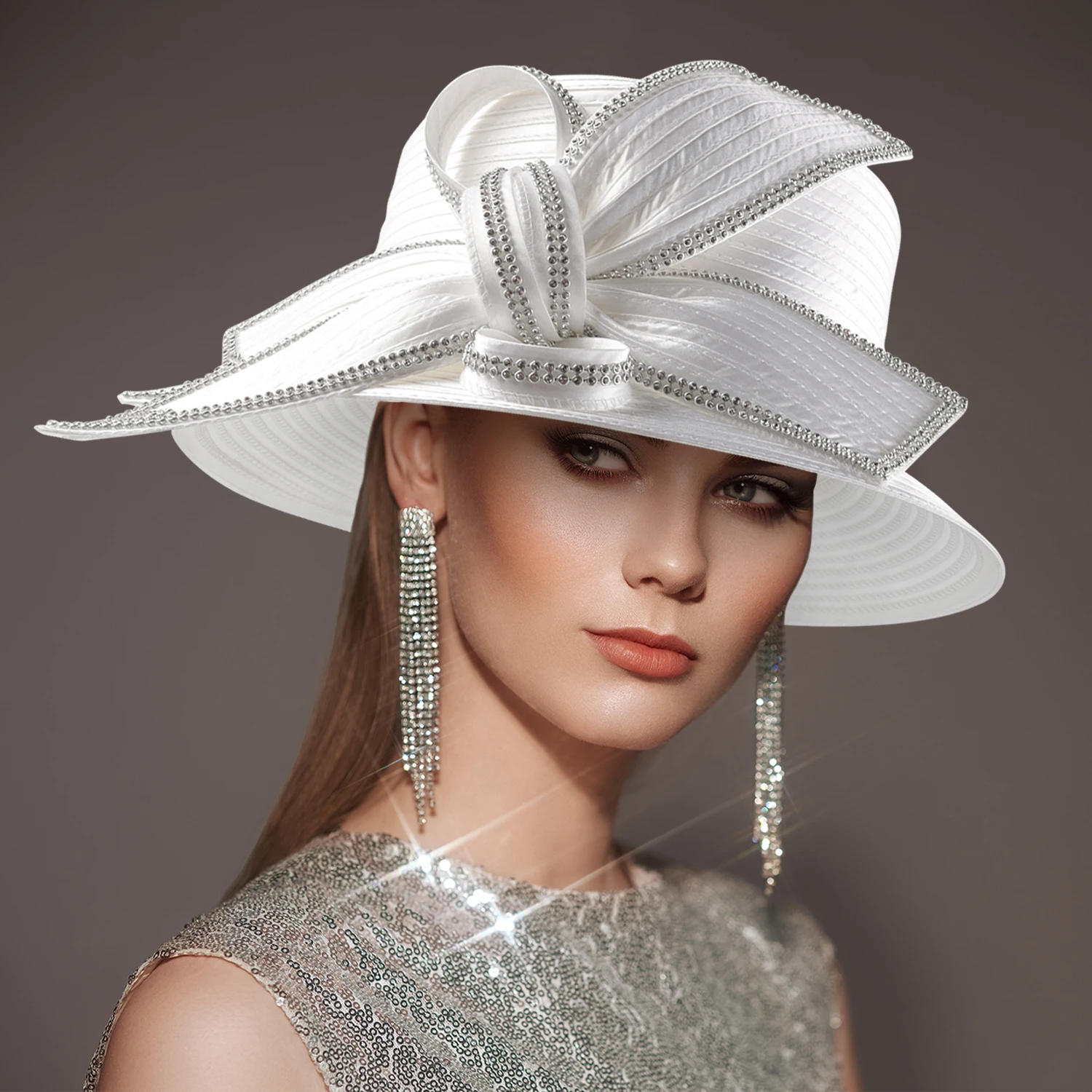 Deluxe New White Church Hat Party Banquet Satin Cloth Photography Hats Premium Chains Formal Hat Flower Top Cap For Women Ladies