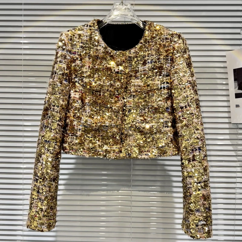 2023 Spring Fall Women Fashion Sequined Bling Bling Golden Coat , Woman Clothig Slim Autumn Glitters Coats Jacket