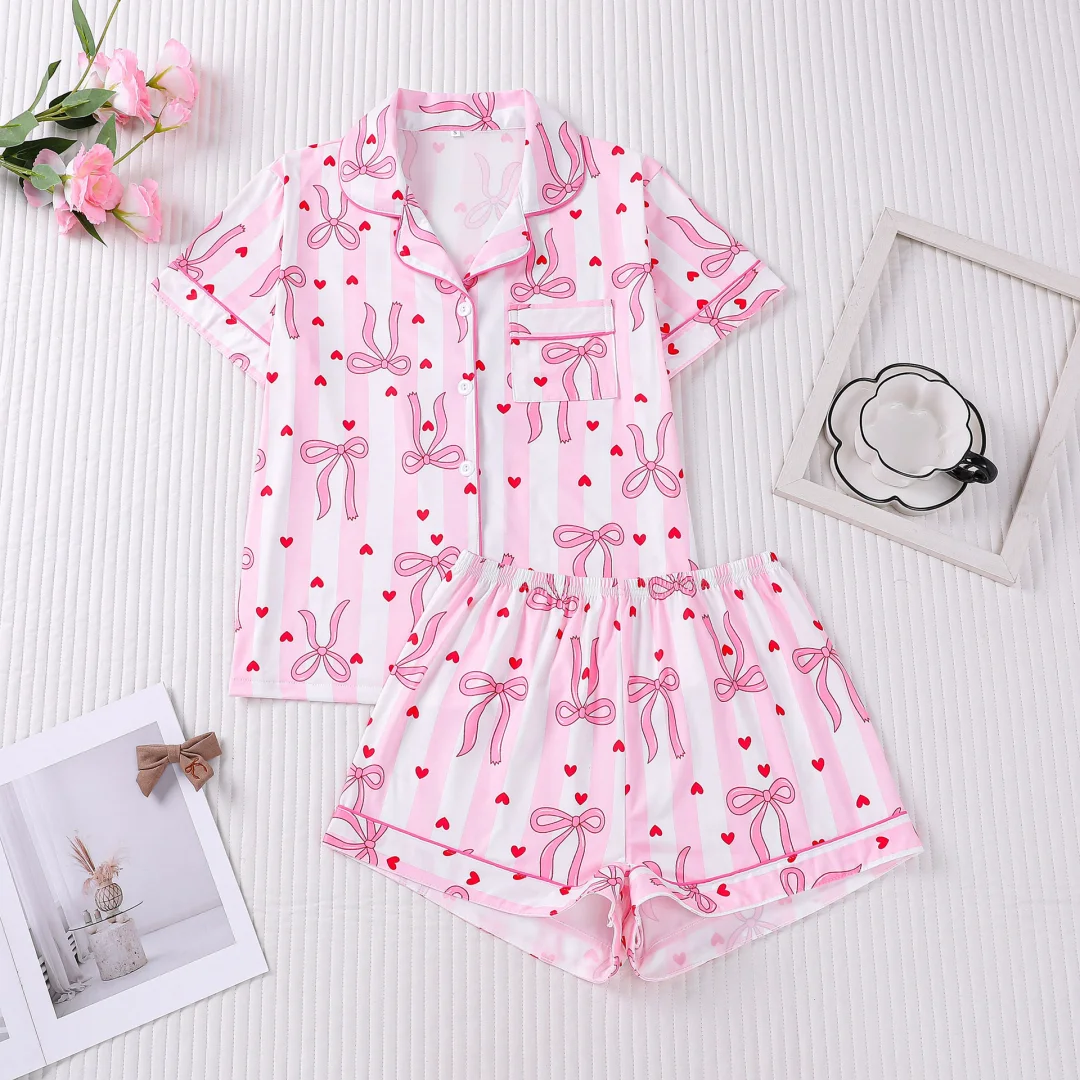 

Pajamas with Bow Heart Print Pink Lapel Short Sleeves and Shorts Loungewear Home Wear Clothes Set for Women Christmas Gifts
