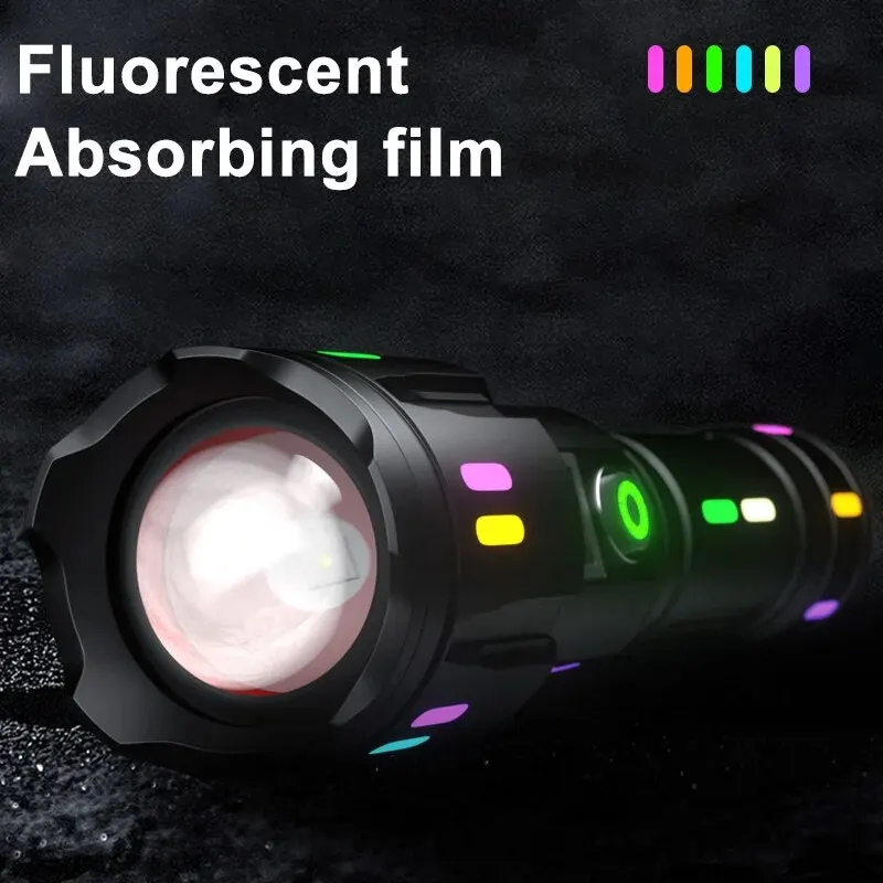 High Power Spotlight Long Range LED Flashlight Fluorescent Absorbing Film Luminous Colorful Zoom Flashlight Camping Emergency