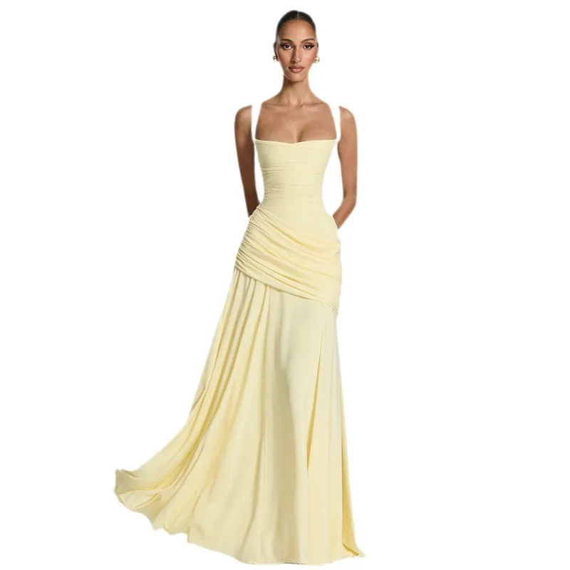 Gele, lage, rugloze, hoogtailleerde jurk met spaghettibandjes, cincher, vestido's, feestjurk, clubjurk, elegante avondjurk voor dames - afbeelding 2