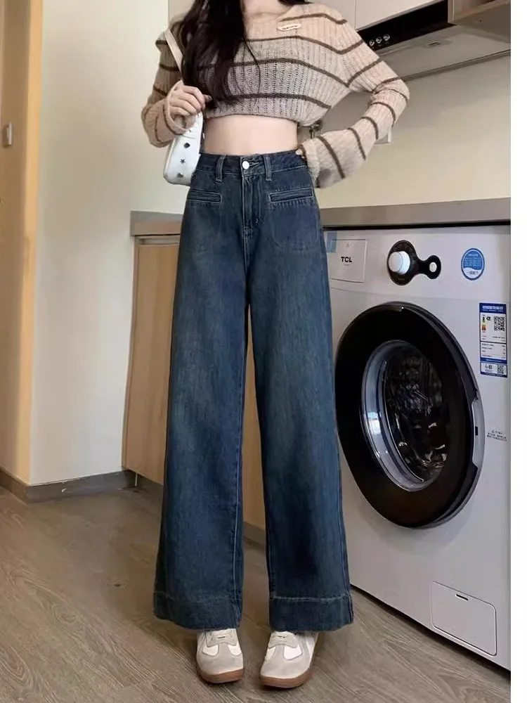 

High Waist Straight Leg Loose Jeans Women's Spring Autumn Versatile Slimming Wide Leg Pants Design for Pear Shaped Body