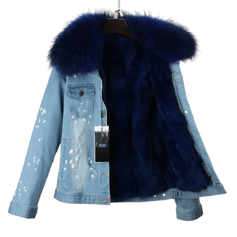 fall winter womens clothings college jacket denim parka fox fur coat with rabbit fur lining plus size fur overcoat