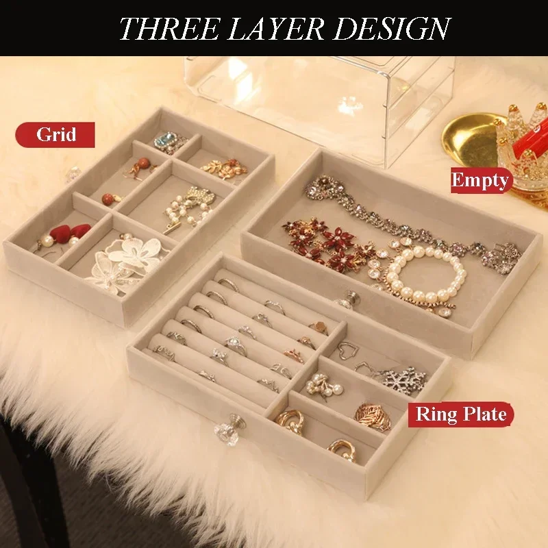 Velvet Acrylic Jewelry Organizer With 3 Drawers Stackable Display Storage Earrings Necklace Bracelets Box Holder Case For Women