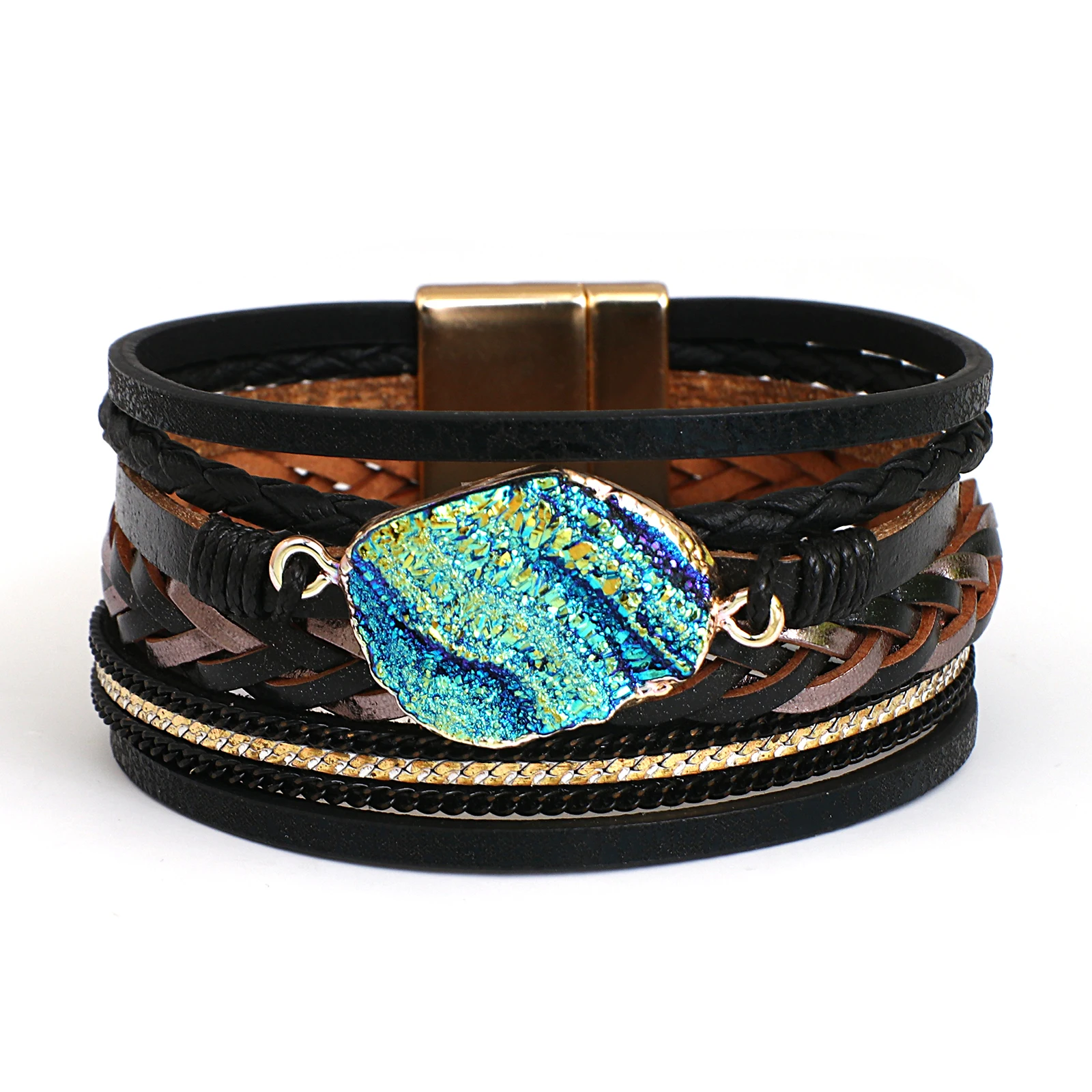 ALLYES Boho Colorful Stone Leather Bracelet for Women Men Vintage Jewelry Charms Multilayer Braided Wide Wrap Bracelets Bangles