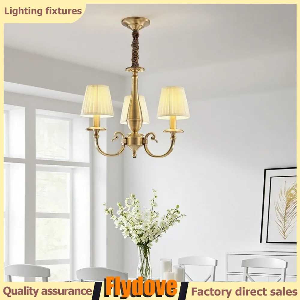 

European Retro Brass Fabric Pendant Light Luxury Living Room Dining Room Bedroom Villa Pendant Light Indoor Lighting Fixtures