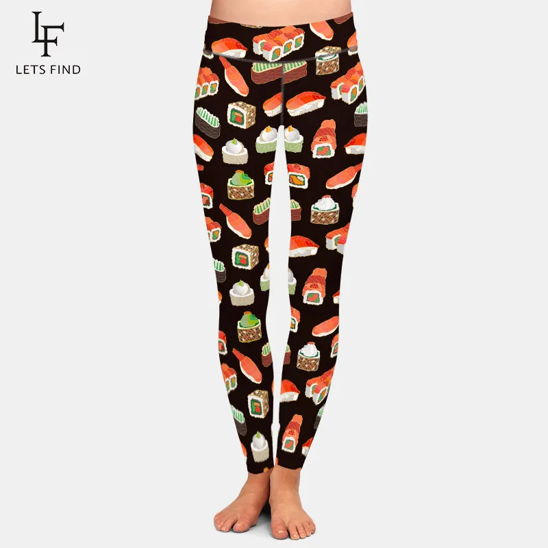 LETSFIND Legging Wanita Desain Baru Gambar Sushi 3D Legging Pinggang Tinggi Elastis Latihan Kebugaran Ramping Legging Hitam