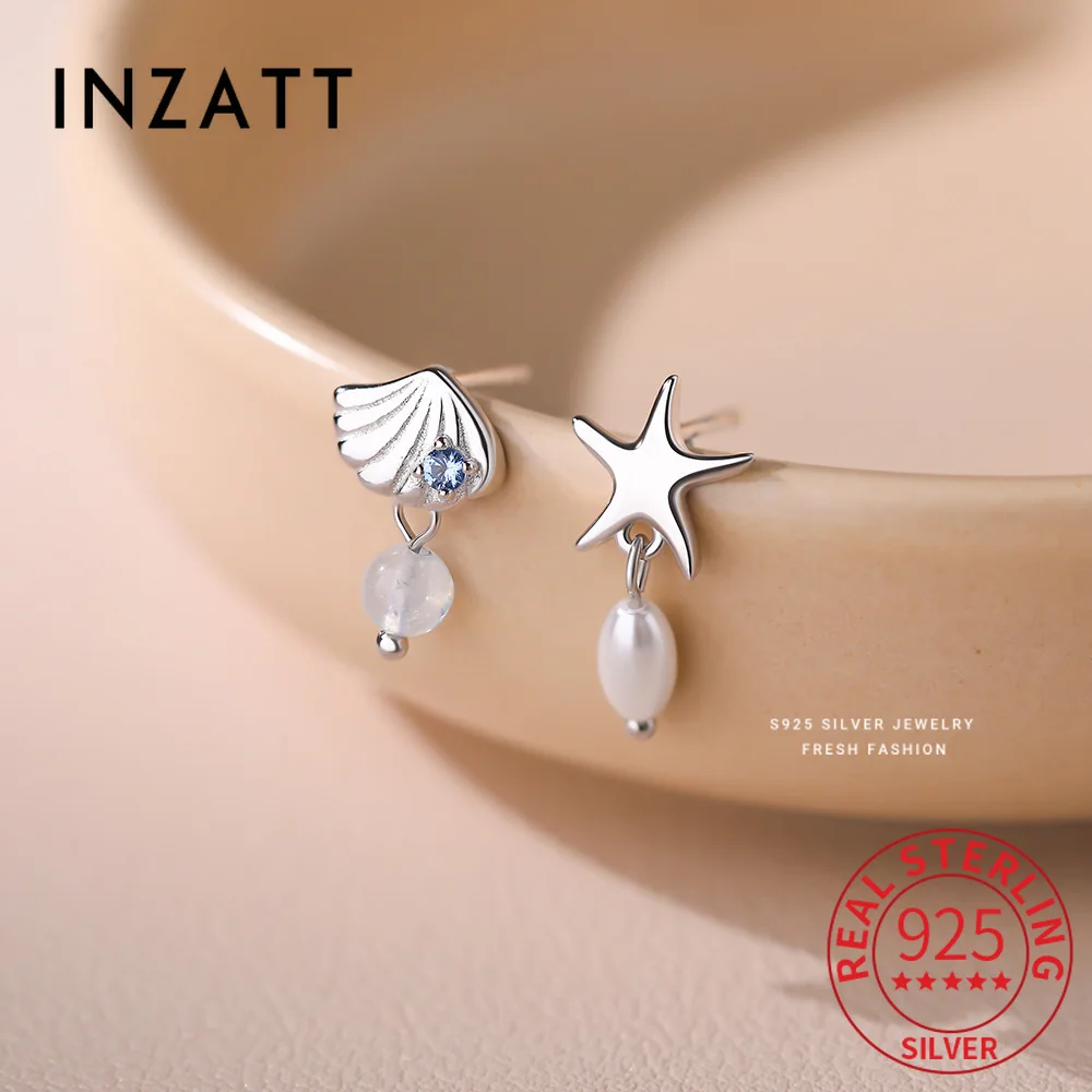 

INZATT Real 925 Sterling Silver Zircon Sea Star Shell Asymmetric Pearl Stud Earrings for Women Cute Fine Jewelry In Summer