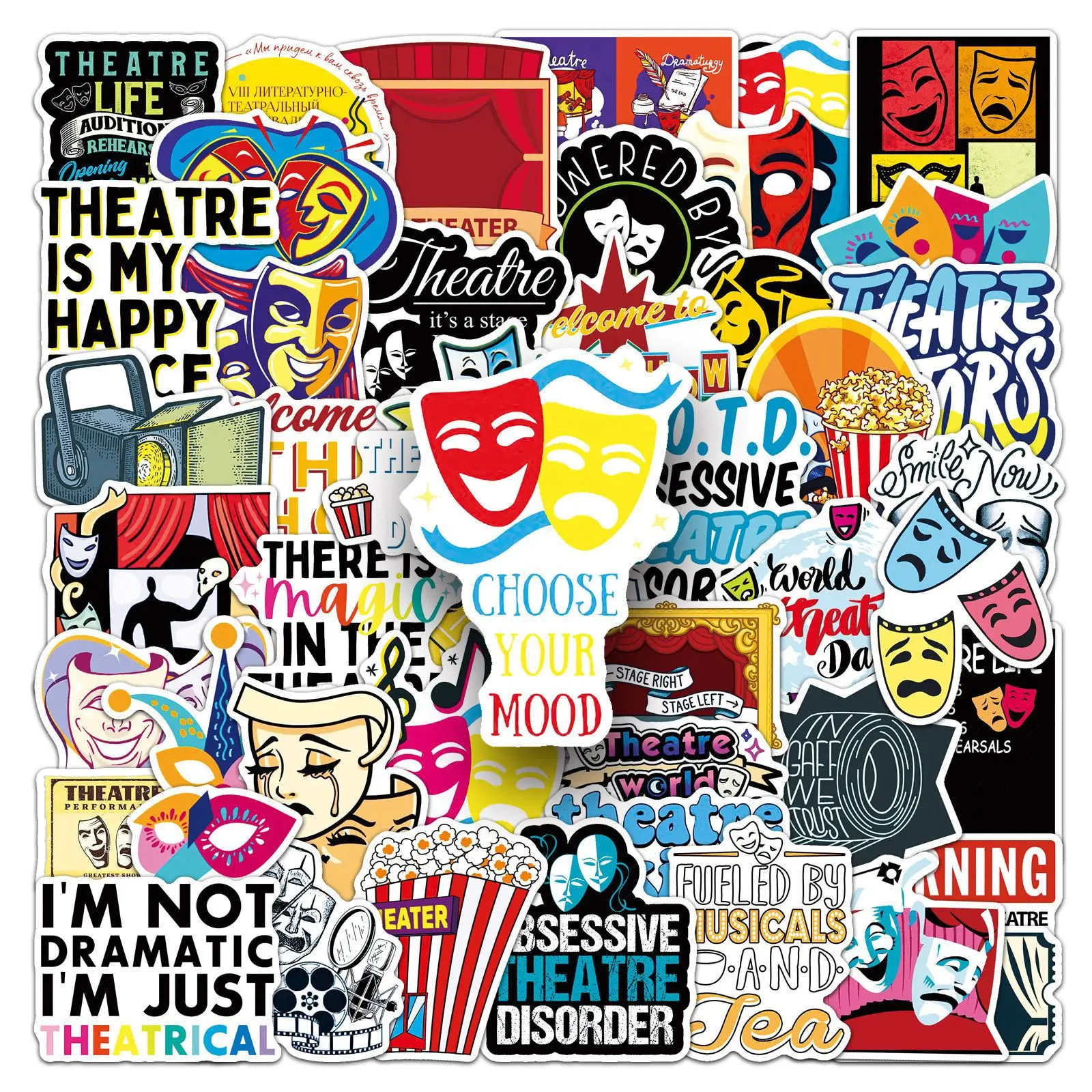 50Pcs Circus Drama Graffiti Stickers Theater Waterproof Vinyl Decals for Scrapbook Laptop Water Bottle Luggage DIY Decor