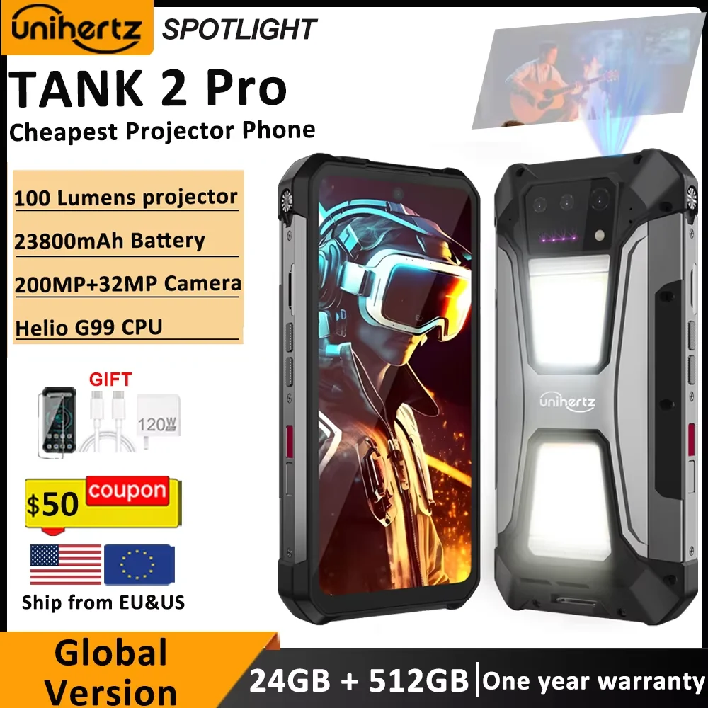 Unihertz tank 2 Pro 8849 téléphone robuste avec projecteur 100MP 24GB 256GB Android 14 100MP NFC 120W Helio G99 23800mAh